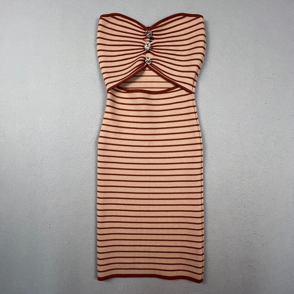 Windsor Strapless Dress Womens Small Tan Striped Cutout Bodycon Ribbed Knit